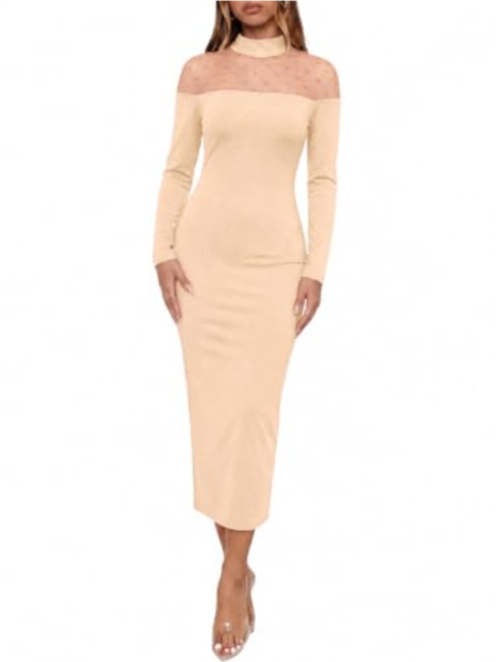 Women's Polka Dot Mesh Mock Neck Long Sleeve Midi Dress | Ribbed Knit Bodycon